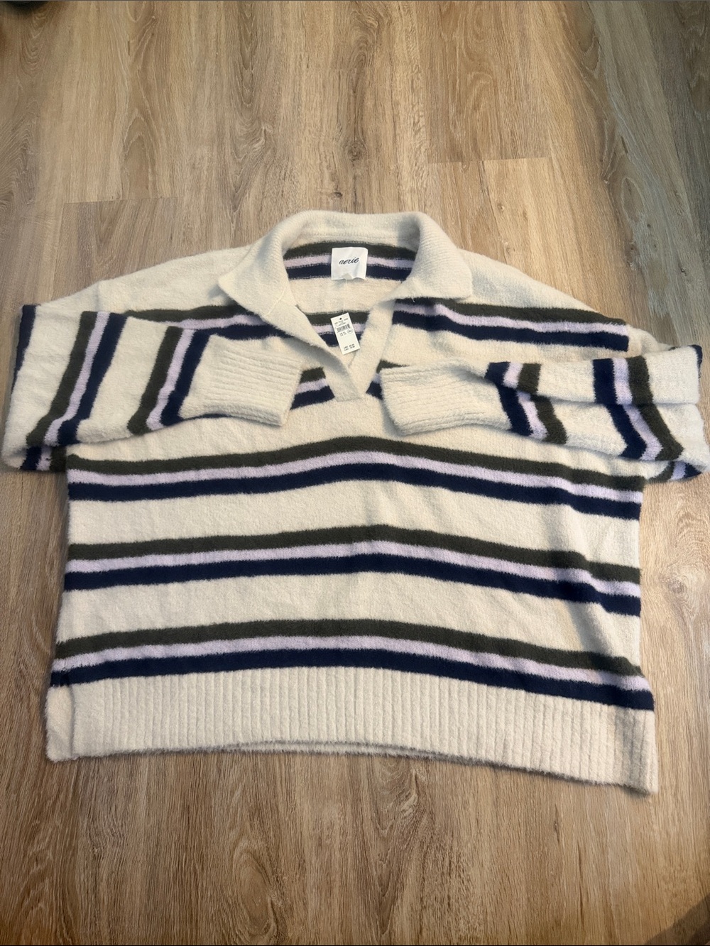 aerie Cream Striped Cozy Sweater with Navy and Olive Stripes